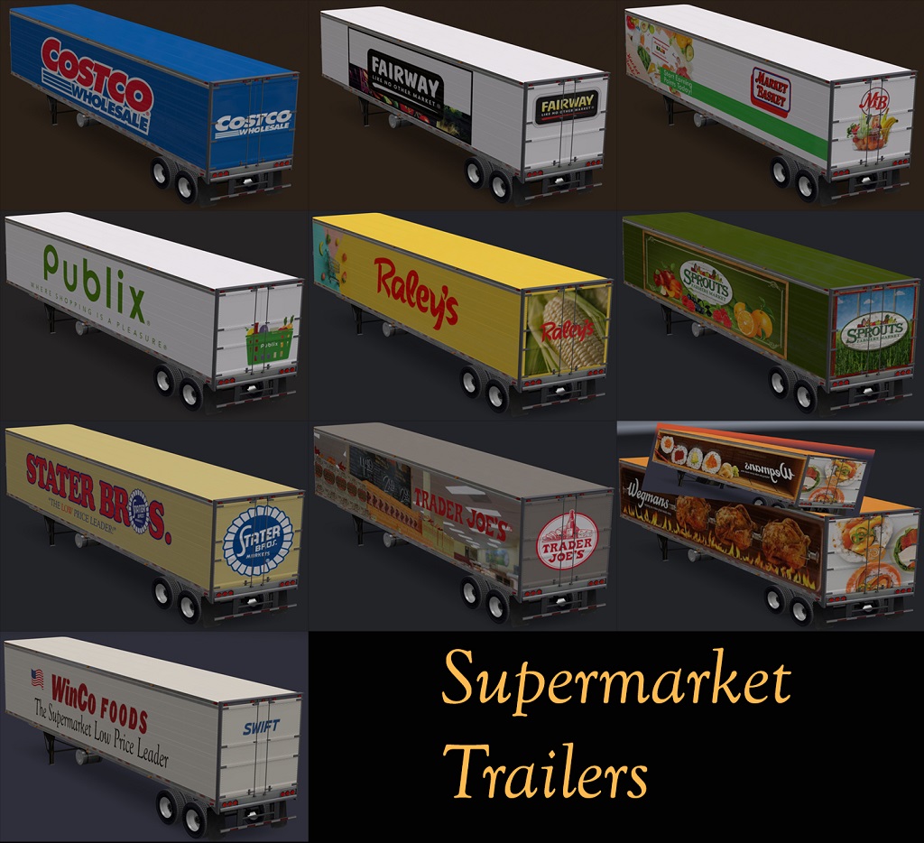 Supermarket mods. АТС 10 прицепов Mods. ATS Mods прицепы. Пак скинов для прицепов для АТС 1.31. Мод АТС 1.45 логотипов для прицепов.